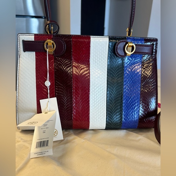 NWT Tory Burch Radziwill small bag, snake skin , red white and navy color. - Picture 8 of 9